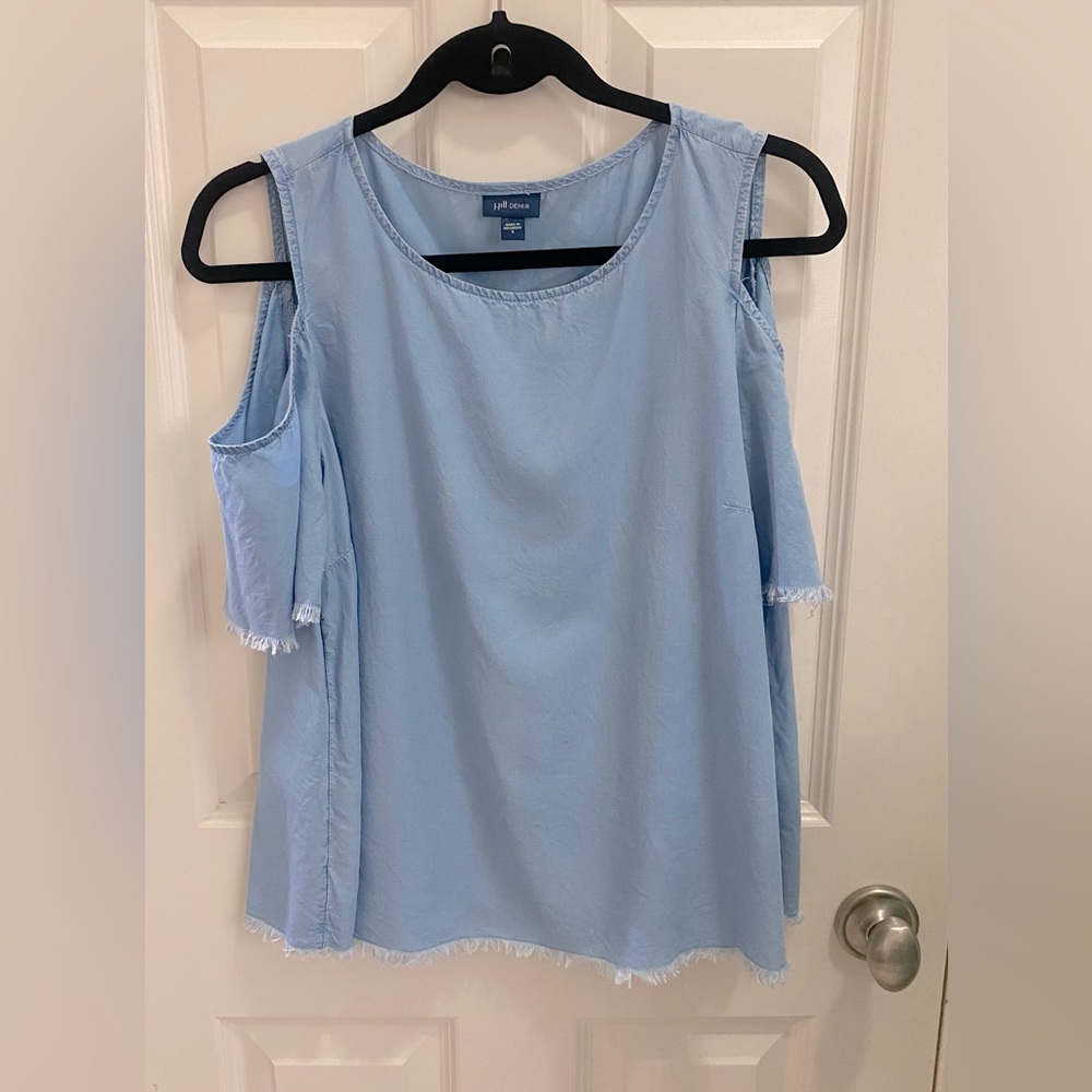 J.JILL cold shoulder blue top with fringe accent. Size- Small